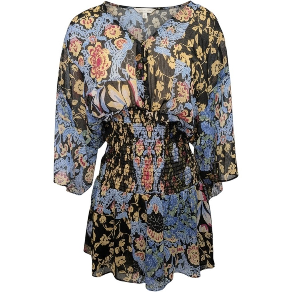 Zara Floral Smocked Waist Romper Sz L V-Neck Kimono Sleeve Black Blue Patchwork